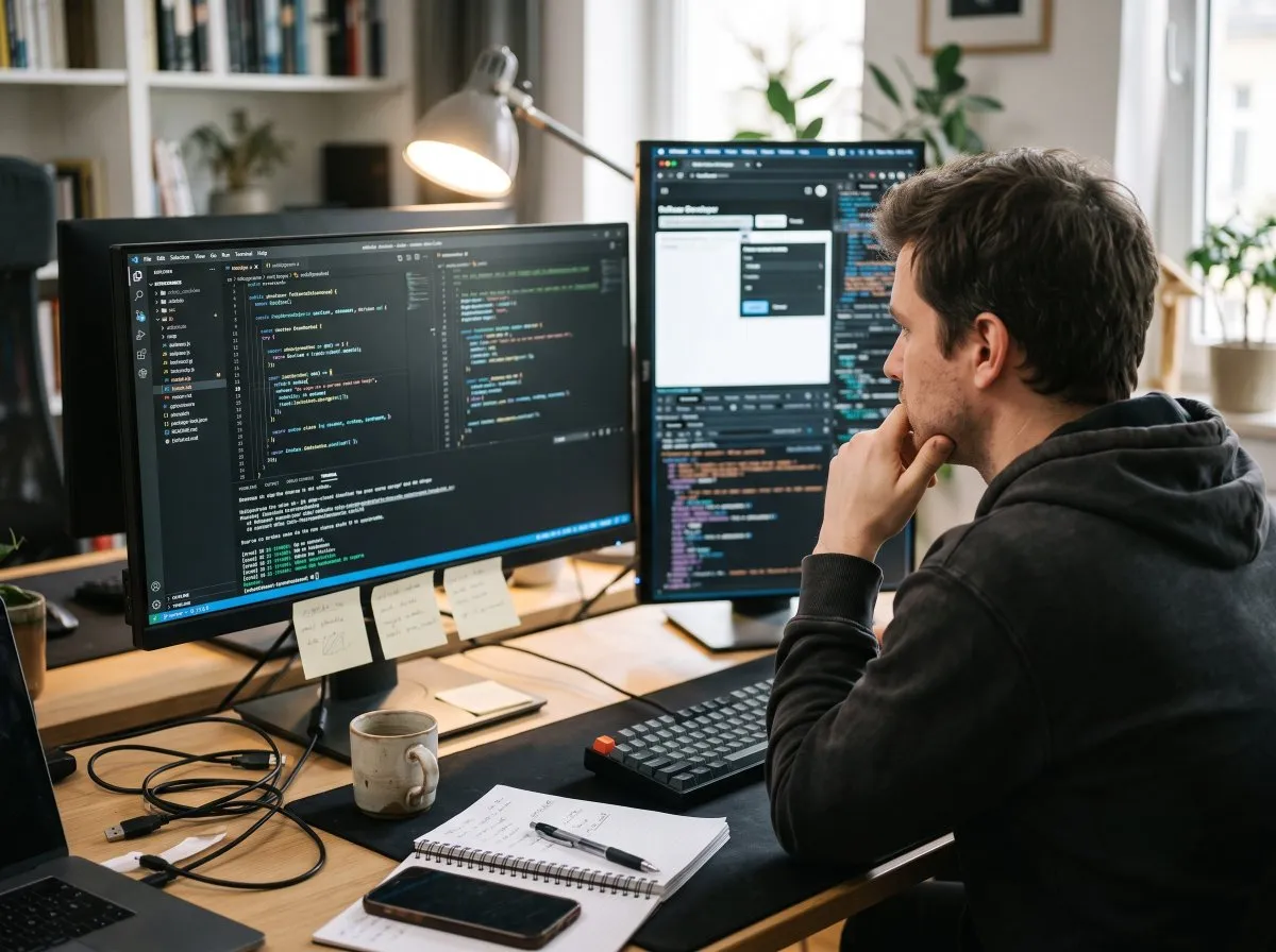 Lead software engineer reviewing code metrics on a modern dual-monitor setup