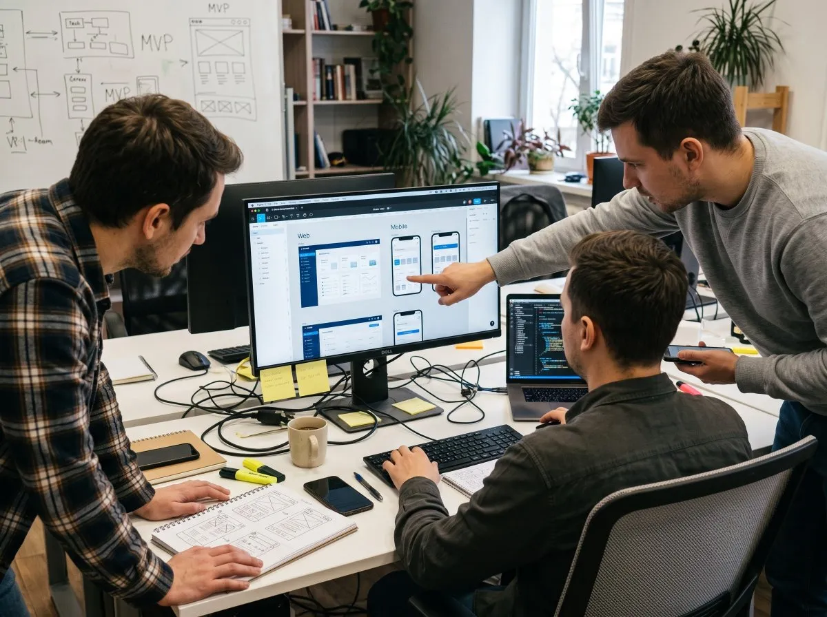 Founders reviewing mobile app and web layouts on multiple devices